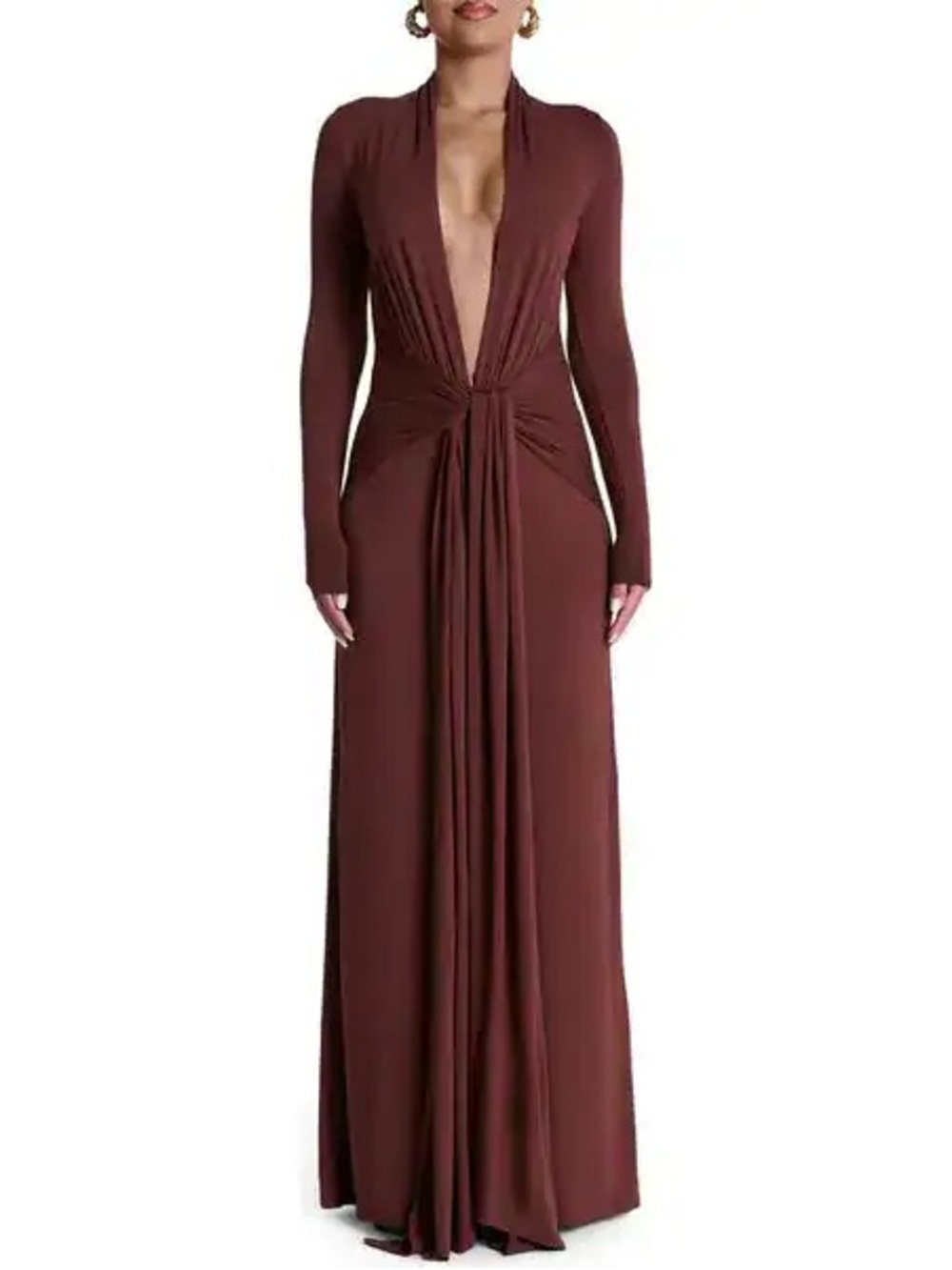 naked wardrobe Plunge Neck Stretch Jersey Maxi Dress | Brown | Medium | NWT